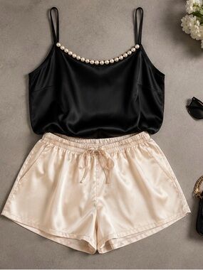 Black Pearl Trim Satin Cami & Champagne Silk Shorts Lounge Set Size Large NWT